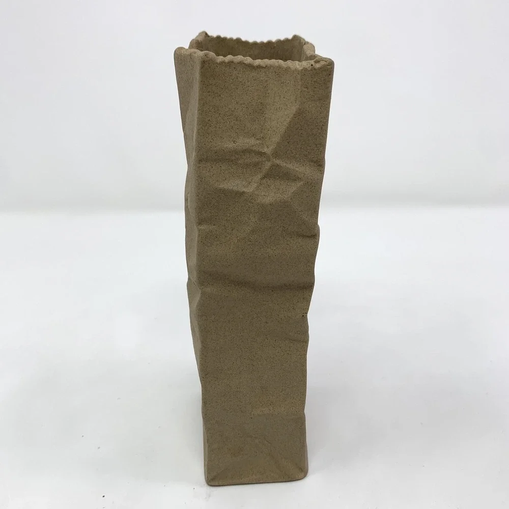 Unique Brown Paper Bag Narrow Ceramic Bud Vase Crinkle Pop Art Shabby Chic